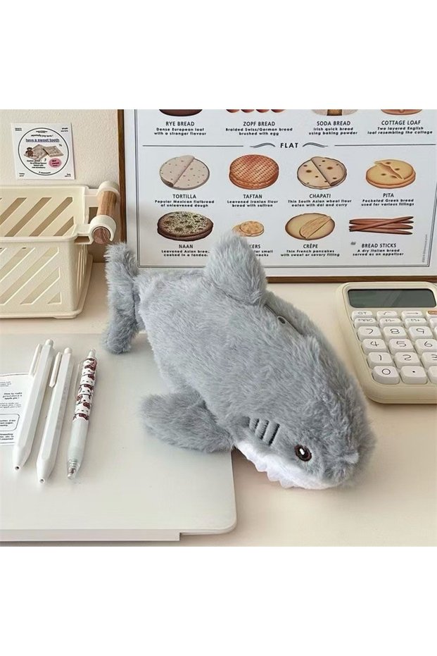Grey LUSQI Gray SHARK Plush Toy Pencil Case 2-in-1 Large Capacity Cute Ocean Animal School Supplies