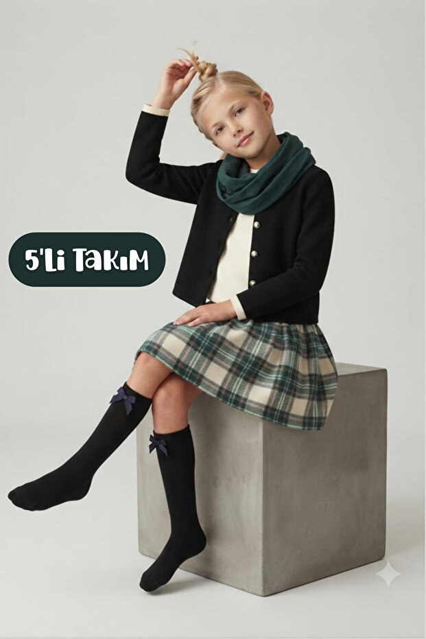 Girl's Black Jacket White Blouse Checkered Skirt Neck Collar Socks Set of 5