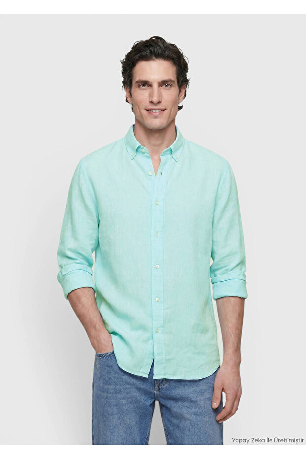 Mint Plain Casual Fit Long Woven Casual 100% Linen Shirt