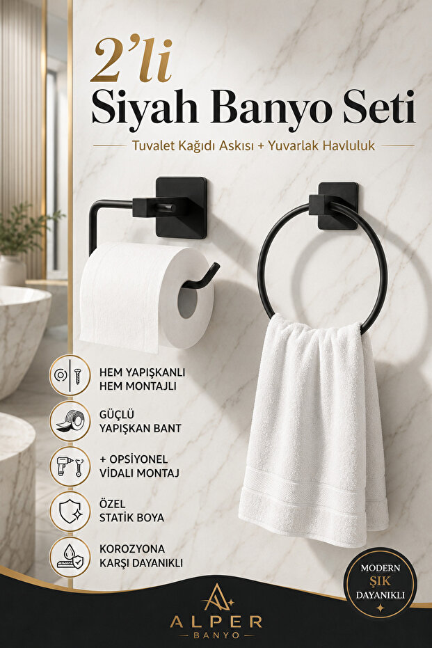 Adhesive Black Square Knob Round Towel Holder and Square Toilet Paper Holder Set Bathroom Organizer
