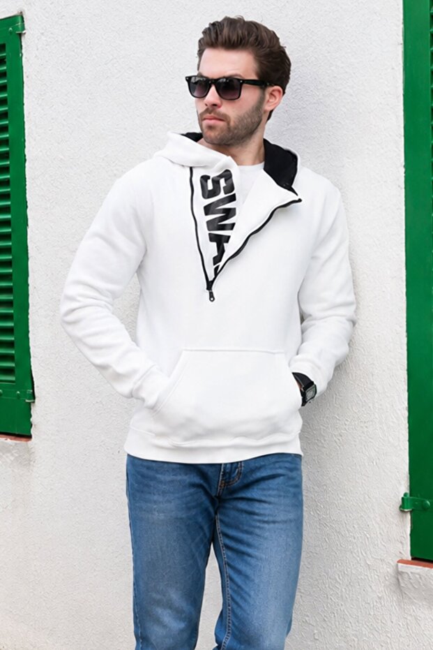 White Zipper Detailed Hooded Sweatshirt 1767