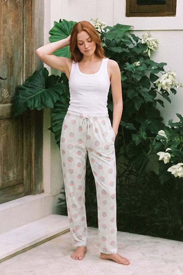 Floral Striped Elastic Waist Pajama Bottoms