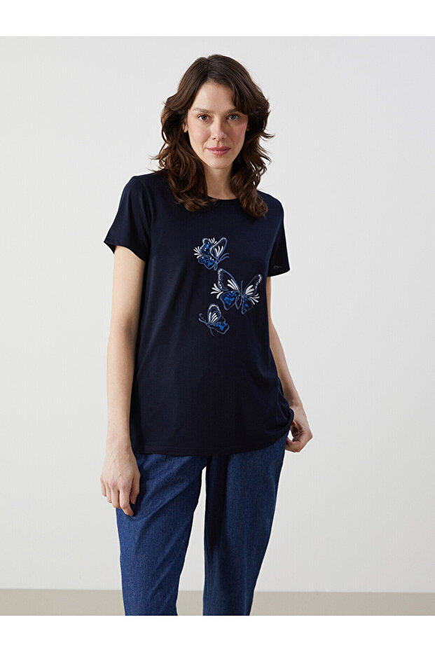 Original Oval Collar Printed Combed Cotton Women's T-Shirt