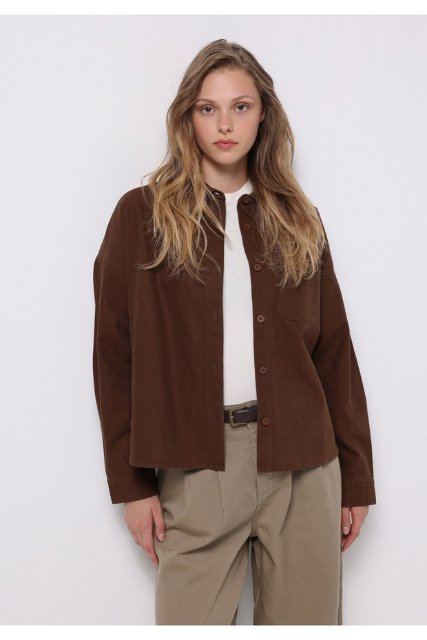 Relax Fit Shirt Neck Plain Women's Brown Long Sleeve Shirt