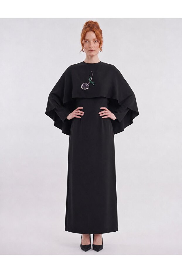 Lined Satin Dress with a Mobile Cape and Stone Embellishments
