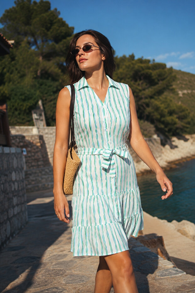 Green Sleeveless Dress - Button and Belt, Collar, ARM-24Y001066