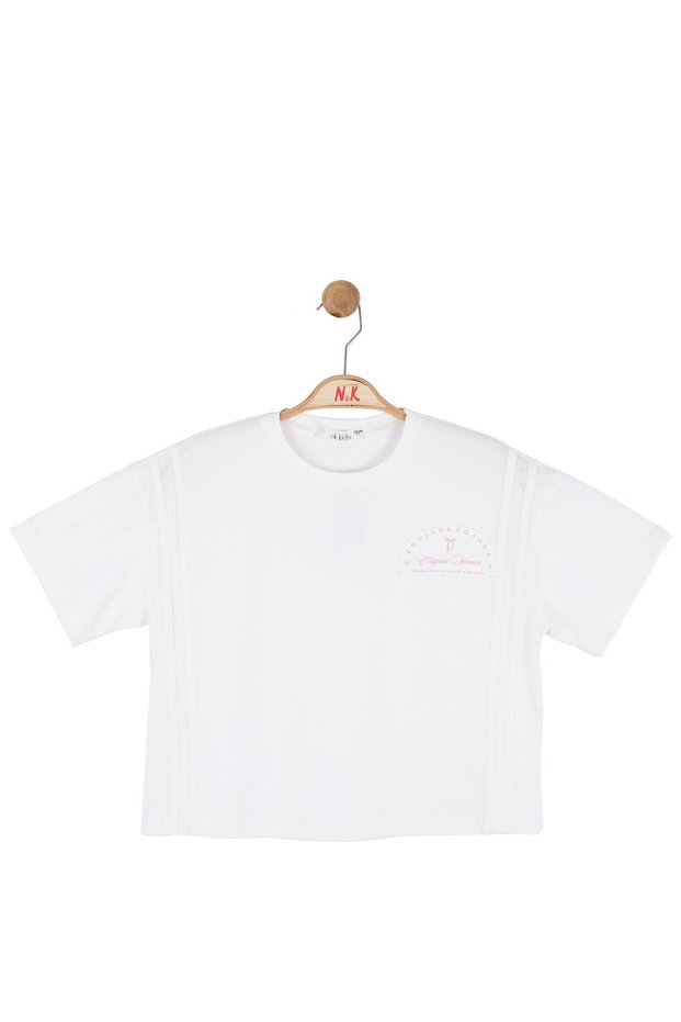 Nk girl's short sleeve crew neck minimal print detail t-shirt 8-14 years ecru - pink