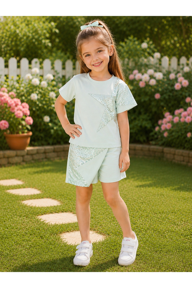Girl's Combed Cotton Shorts Skirted T-Shirt Set with Star Sequins on Top - Six Front Sequins, No Pockets, Stylish Design.