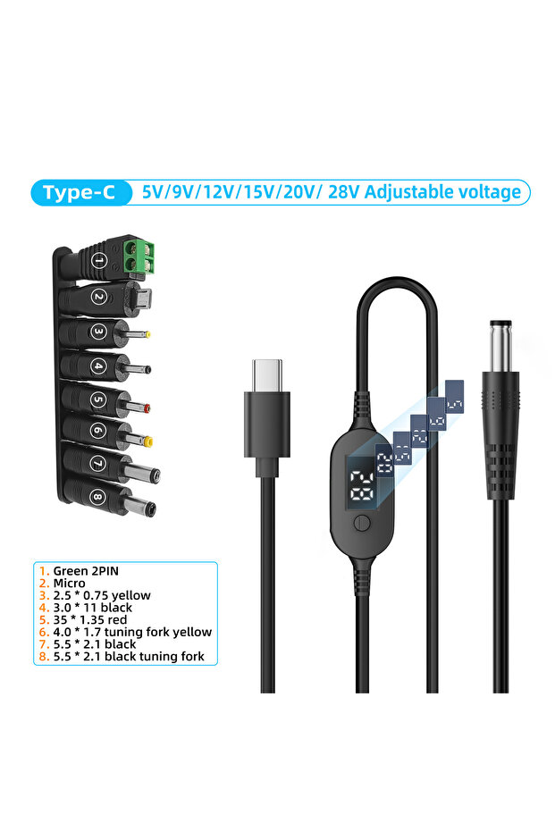 140W-TYX-PVC-8in1-LT 140W USB C to DC Power Cable Adjustable Voltage 5V-28V 9V 12V 20V Laptop Router