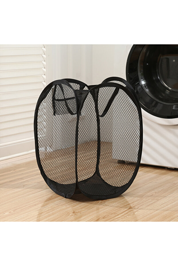 black Collapsible Pop-up Mesh Laundry Basket Portable Clothes Hamper for Easy Washing and Storage of