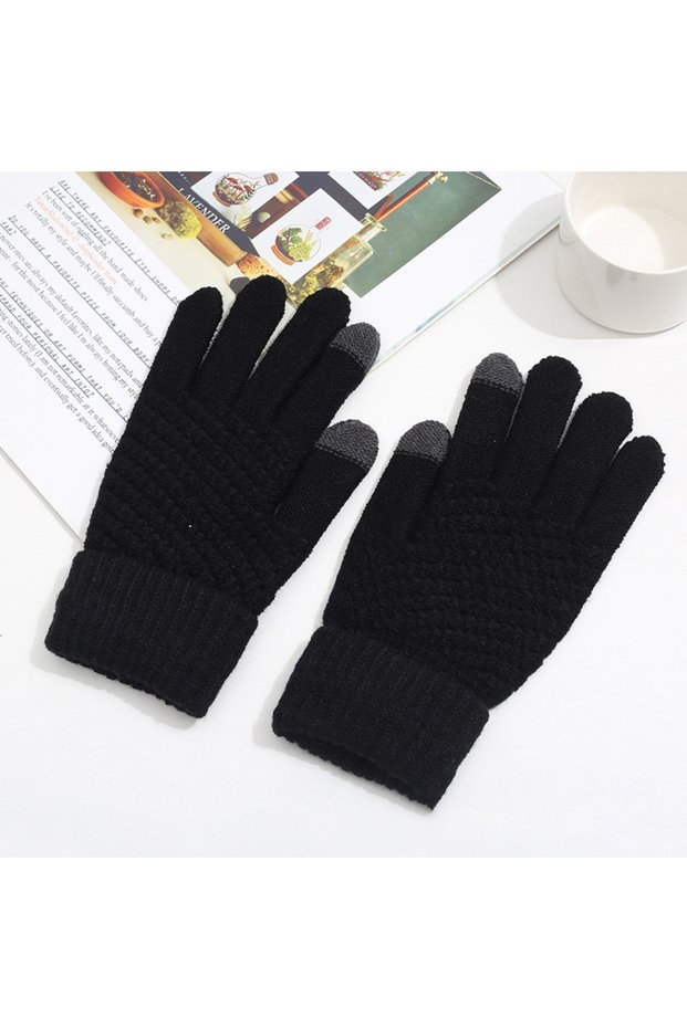black Knit Touchscreen Gloves for Women Men, Soft Warm Winter Gloves with Stretch Fit, Texting Finge