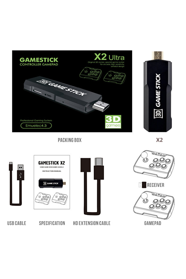 جهاز ألعاب تلفزيوني منزلي X2 Ultra أسود بسعة 64 جيجابايت مع أكثر من 6000 لعبة كلاسيكية نوستالجية ووحدتي تحكم لاسلكيتين بتردد 2.4 جيجاهرتز