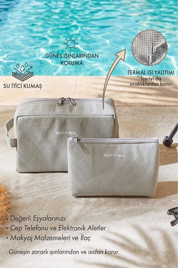 2 Pieces Thermal Lined Water Repellent Stain Resistant Gray Jute Linen Makeup Medicine Bag Set 19X13X7/25X15X12.5