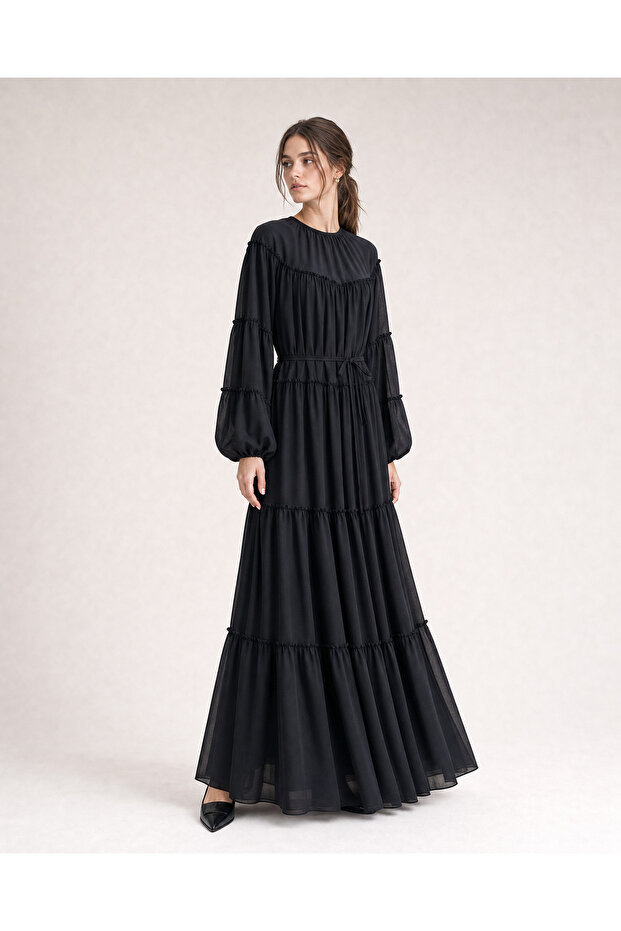Layered Ruffle Detailed Long Hijab Dress