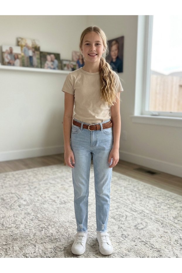 Girl's Pants Ice Blue Denim Jeans with Tassel Detail on the Leg and Ripped Detail