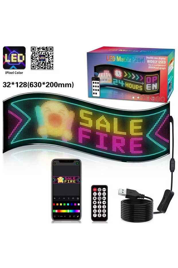 لوحة مصفوفة LED ذكية 32 × 128 LEDs، شاشة عرض إعلانية ساطعة ومتحركة، مزودة بتطبيق USB 5 فولت وبلوتوث للتحكم عن بعد