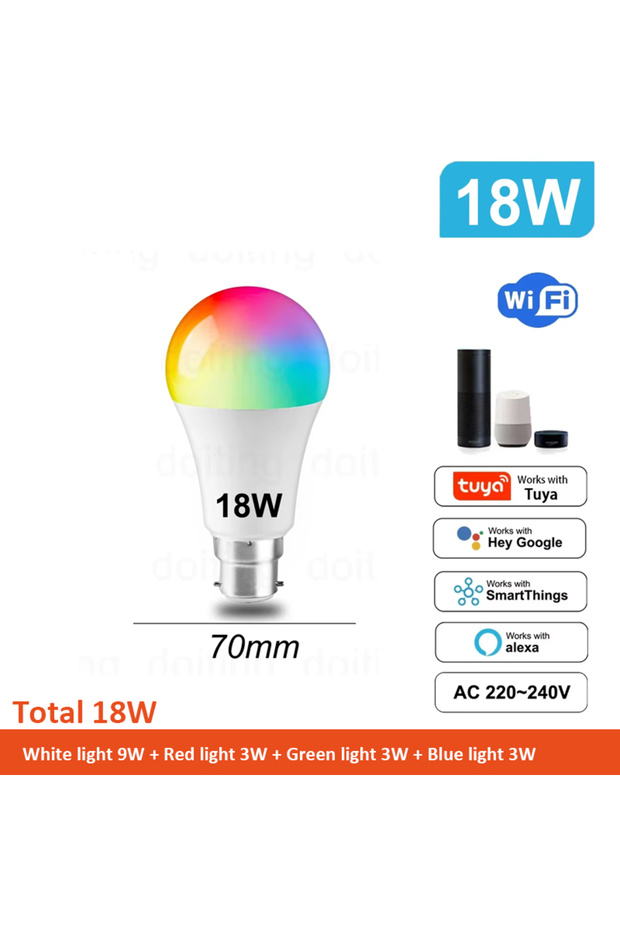 Yes AC 220-240V Total 18W B22 Smart Life Light Bulb Tuya Wifi Bulb RGB 12W 18W Color Changing LED 22