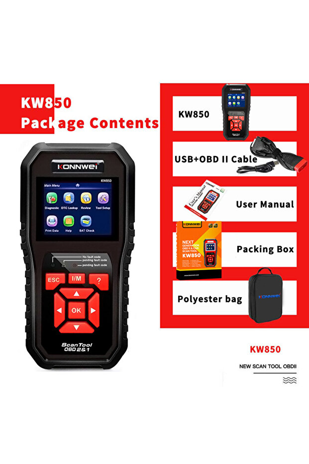 ماسح ضوئي تشخيصي للسيارات KW850 أسود من KONNWEI، أداة فحص OBD2، قارئ رموز الأعطال، جهاز فحص المحرك