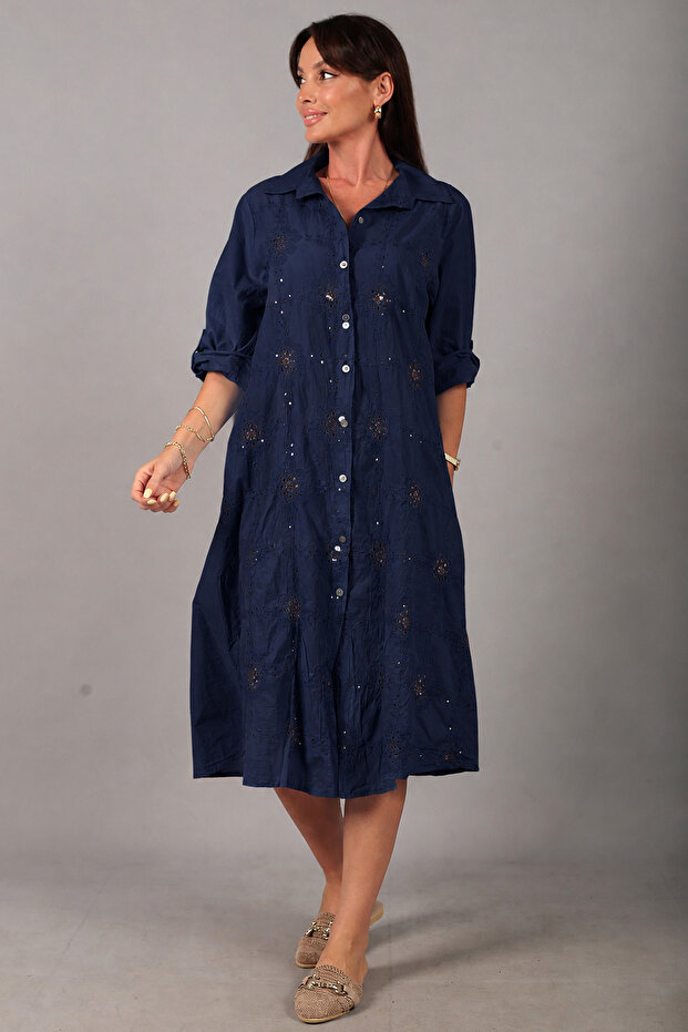 Women's Italian Cotton Pocket Embossed Embroidered Sequined Oversize Long Dress