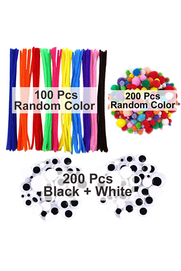 100NNB200MRQ200YJ-HB 200 pompom balls, 200 adhesive eyes,100 chenille stems, DIY Materials for Kids