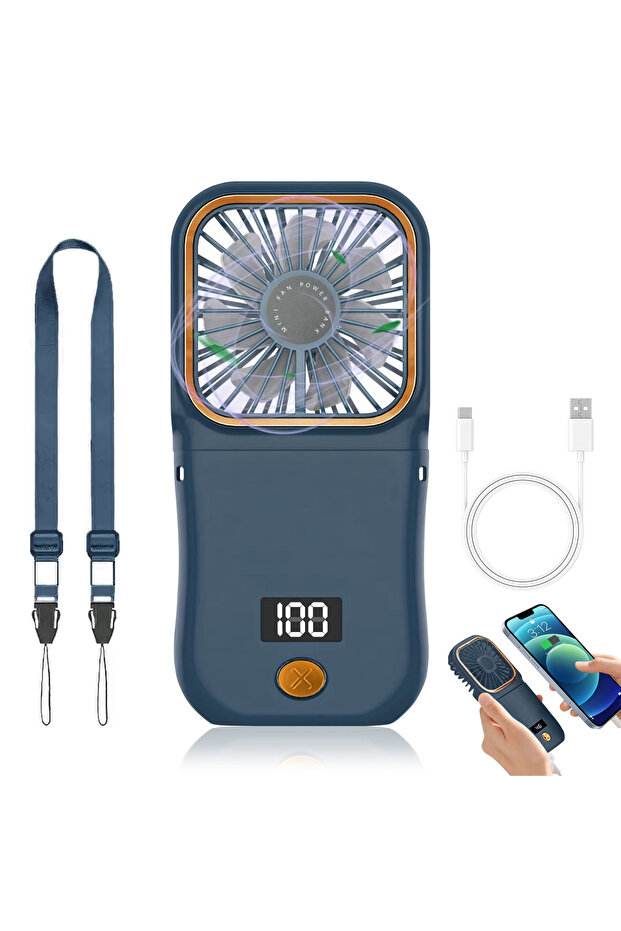 Navy Blue Portable Charging Handheld Fan, Neck Hanging Fan, with Phone Holder, Suitable for Office,