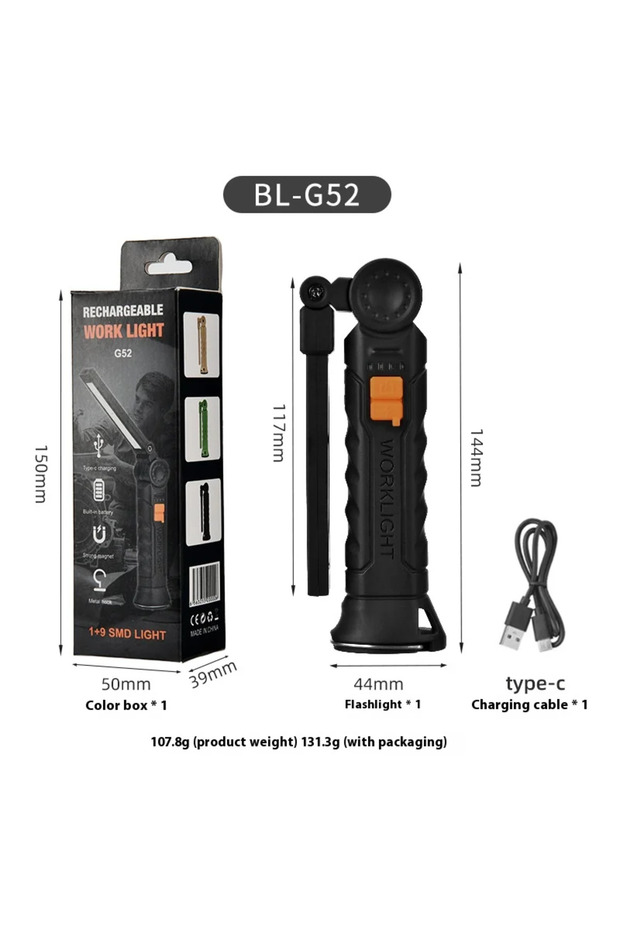 مصباح عمل LED COB كبير G52 بقدرة 450 لومن ومنفذ USB-C و800 مللي أمبير ومصباح عمل مغناطيسي بزاوية 360 درجة لإصلاح المرآب