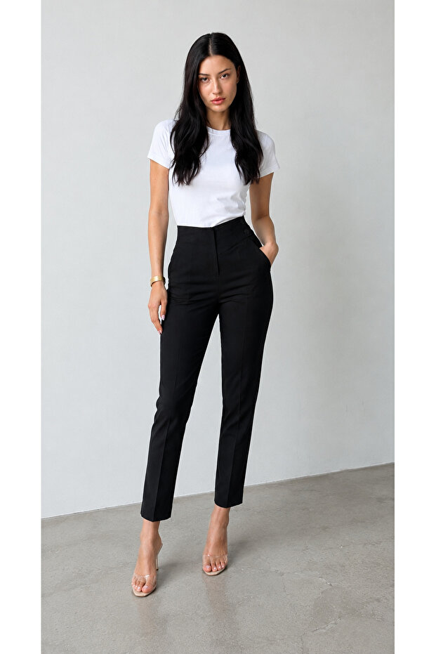 Women's Black Double-Breasted High-Waisted Carrot Pants (100% Viscose)
