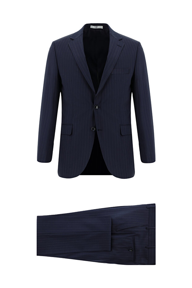 7 Drop Super قصة ضيقة Extra Slim Fit مخطط بدلة بحزام خصر مطاطي K بأزرار على الجهتين