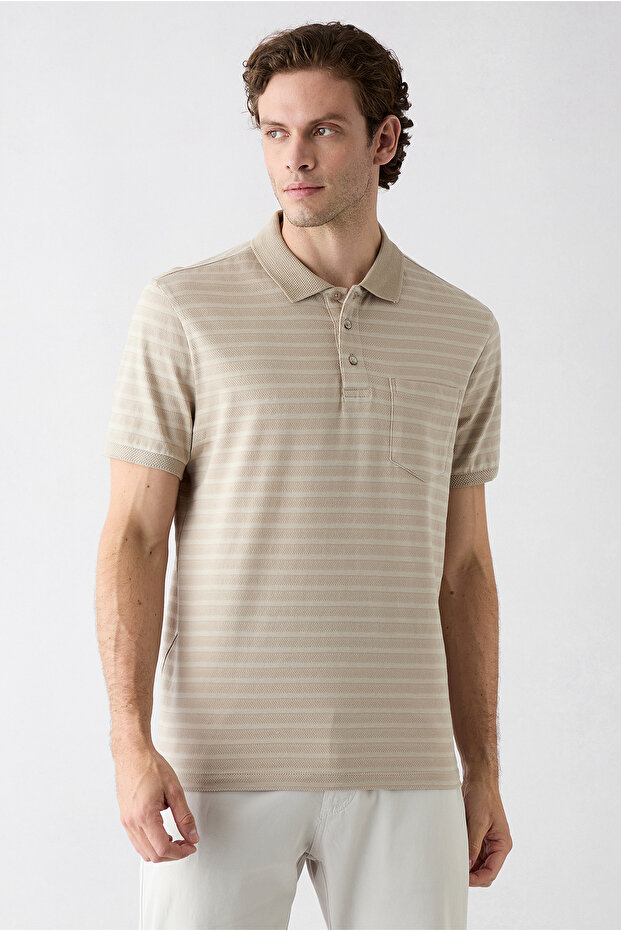 Regular Fit Buttoned Polo Collar Striped Pocket 100% Cotton T-Shirt