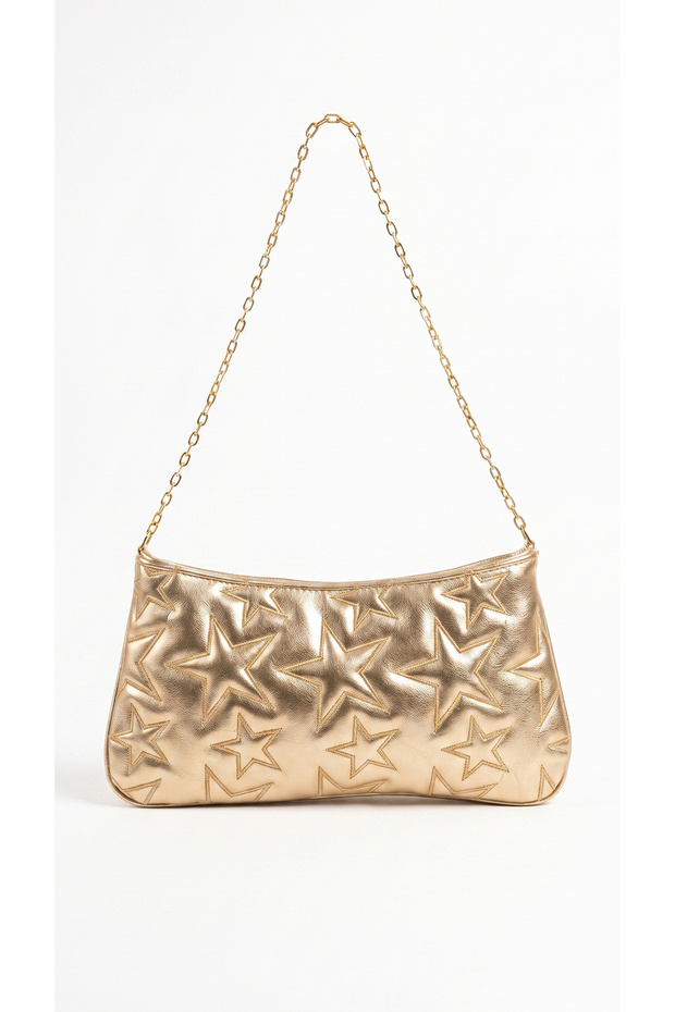 Star Patterned Chain Strap Portfolio Handbag and Shoulder Bag Lined Clutch Bag