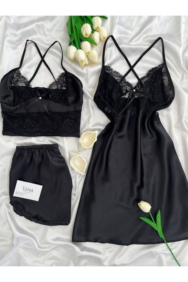 Women's 3-Piece Satin Nightgown Shorts Dowry Set