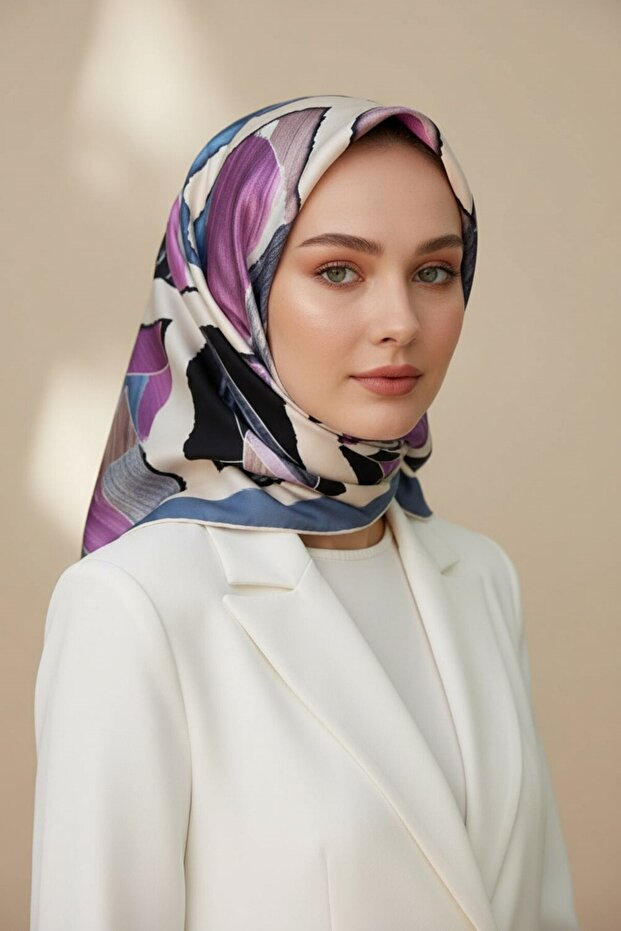 Baby Blue Geometric Print Twill Silk - 90X90 Scarf, Hand Stitching Pink