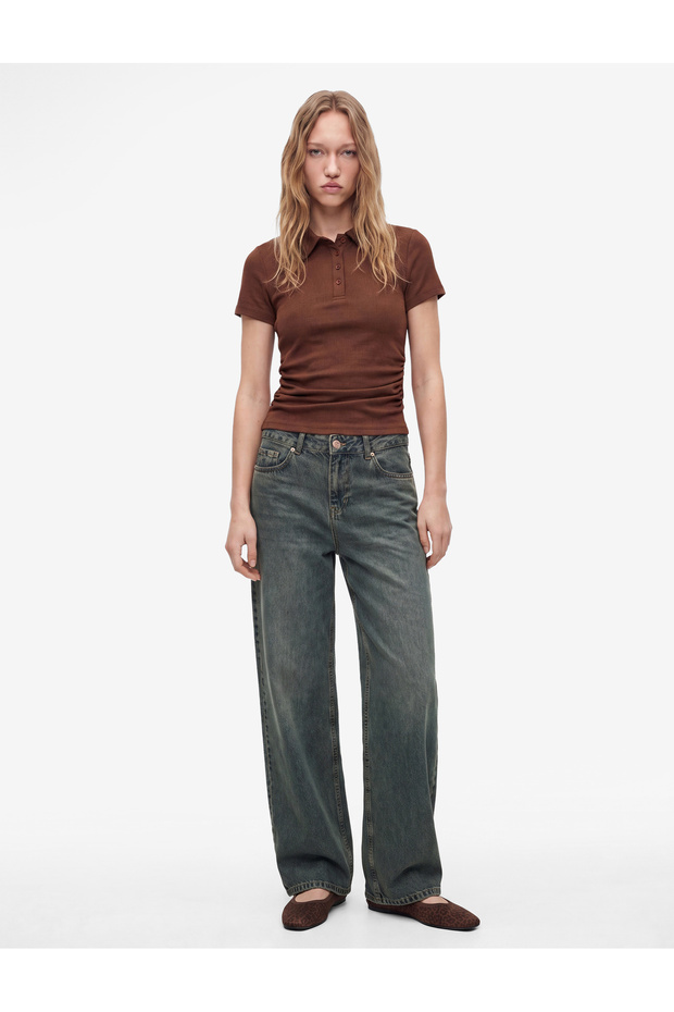 Modal Fabric Buttoned Short Sleeve Draped Polo Collar T-Shirt