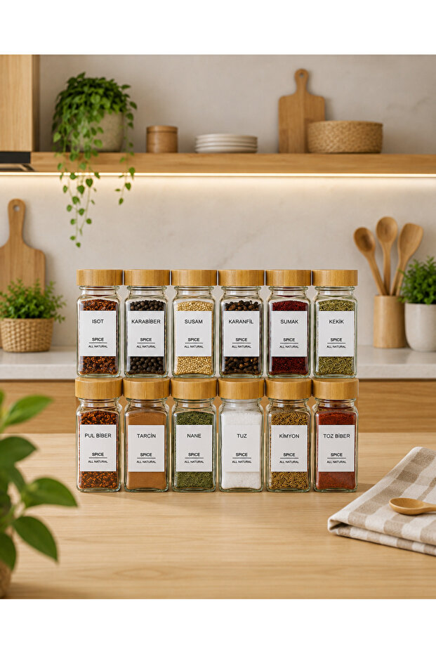 12 Piece Glass Spice Jar Set with Bamboo Lid 120ml with Label Gift