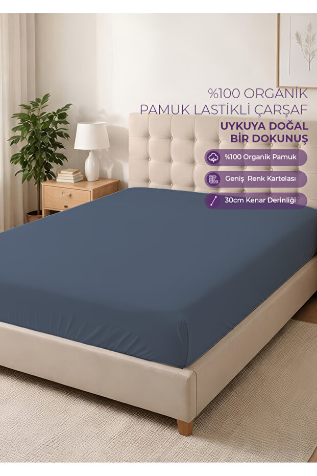100% Organic Cotton Fitted Sheet - 160X200 - Indigo - Dolmabahçe Series