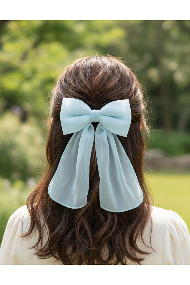 Light Blue Oversized Tailored Chiffon Bow Automatic Buckle