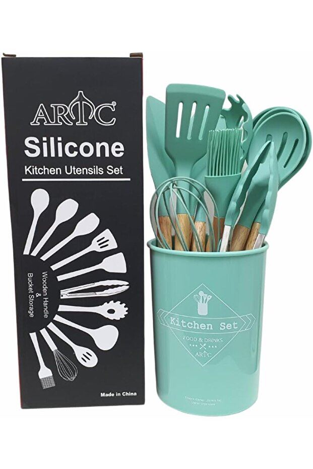 Silicone Cooking Kitchen 12PCS Wooden Utensils Tool for Nonstick Cookware (Green)