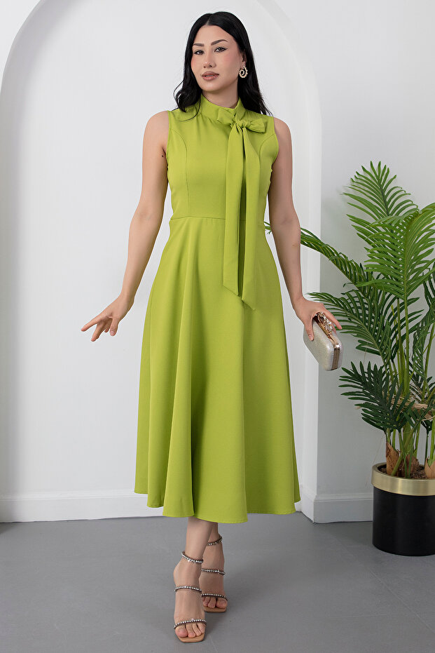 High Collar Dress with Ribbon on the Collar Midi Length Dress Esp058