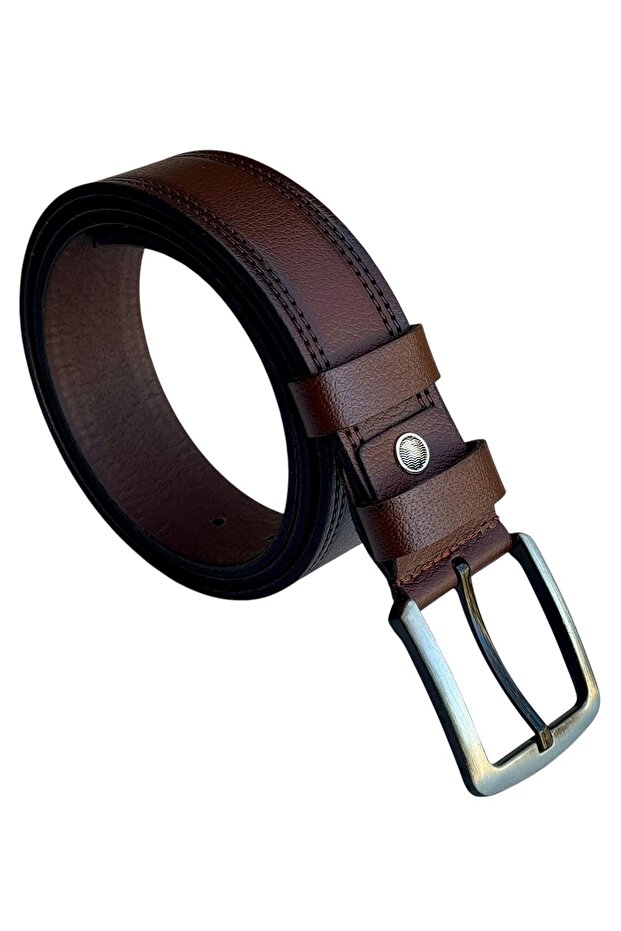 Brown Genuine Leather Solid Color Stitched Model 4 Cm. Wide Sports Belt // 409-28