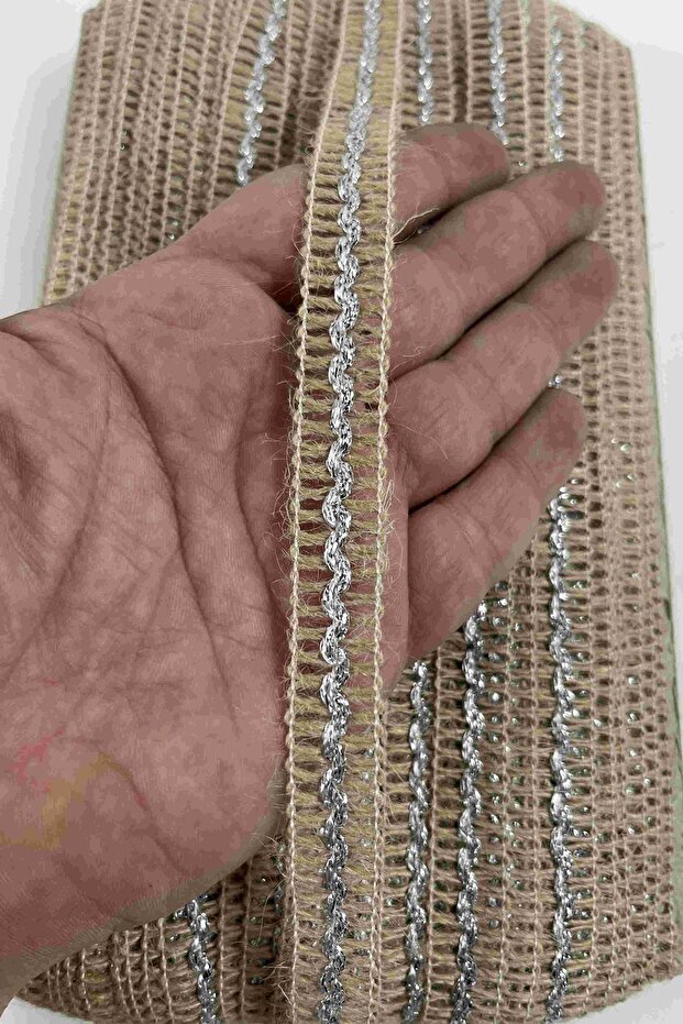 Silver Sora Metallic Wave Detailed Wicker Decorative Ribbon 10 Meters Packaging Decoration