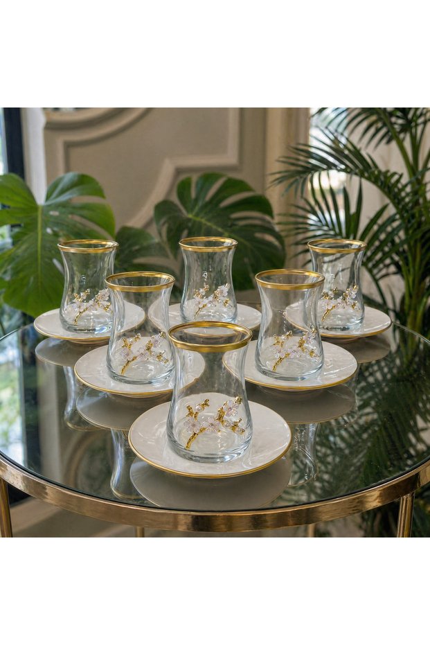6-Person Gold Detailed Glass Tea Cup and Porcelain Plate Set with Luxurious Design Presentation Box