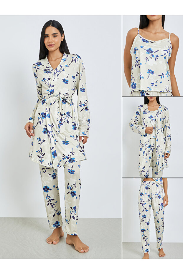 Pack of 3 - Floral Print Cami, Robe and Pyjama Set
