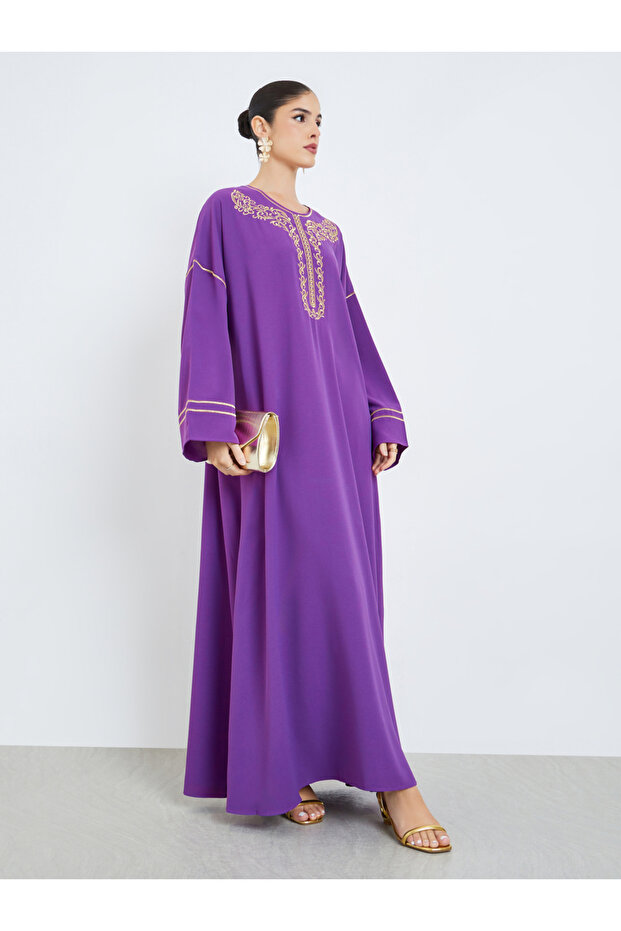 Purple Embroidered Round Neck Jalabiya