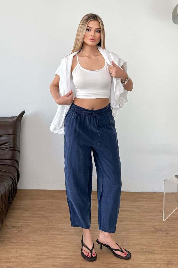 Women's Adjustable Waist Double Pocket Carrot Cut Trousers Navy Blue - Ms001529