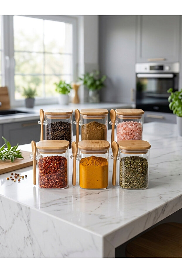 6-Piece Glass Spice Jar Set with Bamboo Lids and Spoons - 8X10 cm Compact Size Square Jars