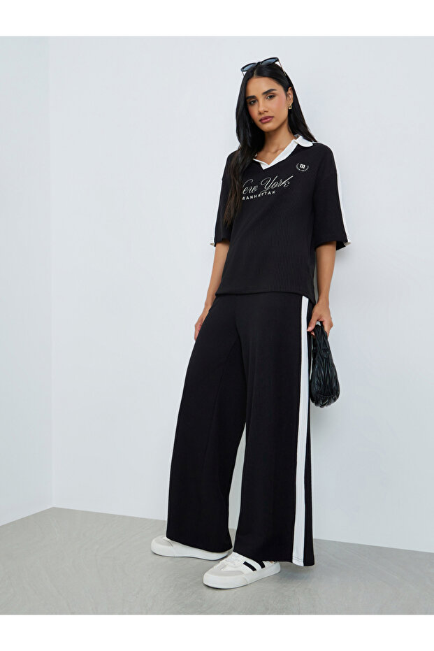 Black Slogan Print Collared Oversized Polo T-Shirt