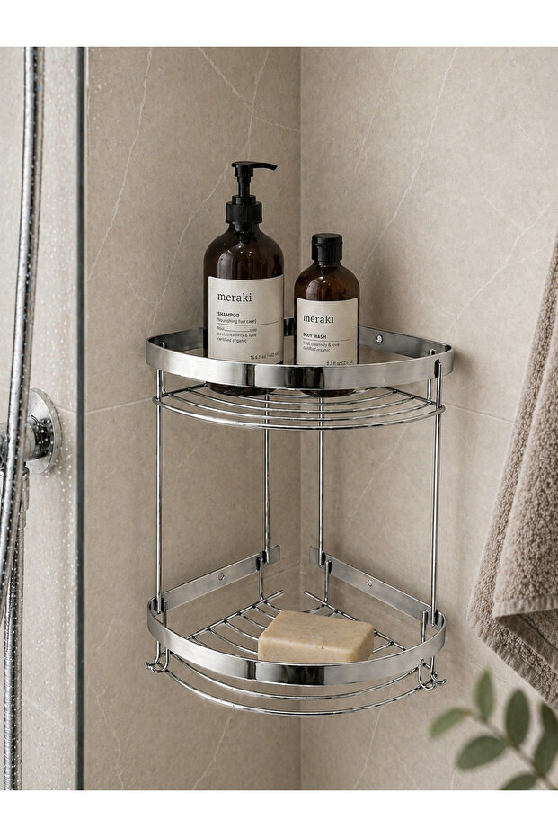 Stylish Chrome Corner Bathroom Shelf 2-Tier – Durable 304 Stainless Shower Organizer 20X20