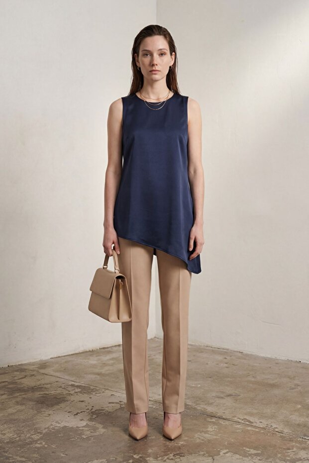 My Fashion Satin Crew Neck Sleeveless Long Blouse