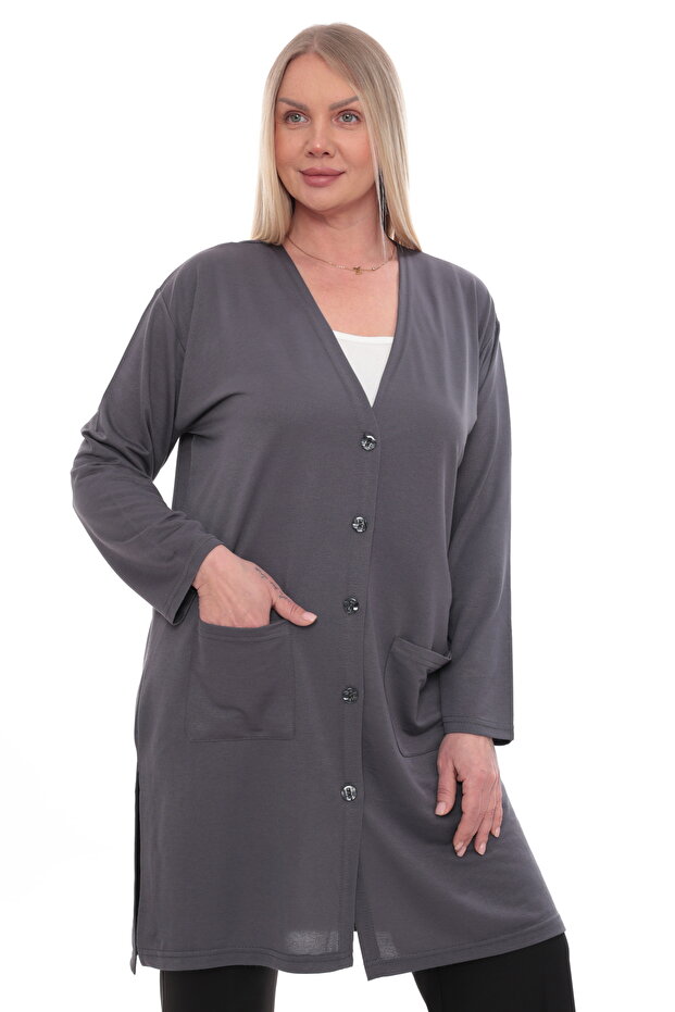 Women's Buttoned Pocketed V-Neck Casual Summer Combed Cotton Long Mother's Jacket Cardigan