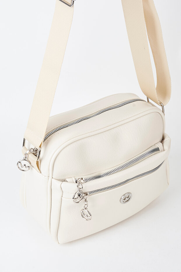 Women's Fulya Cream 4-Compartment Adjustable Strap Zipper Closure Handbag and Shoulder Bag